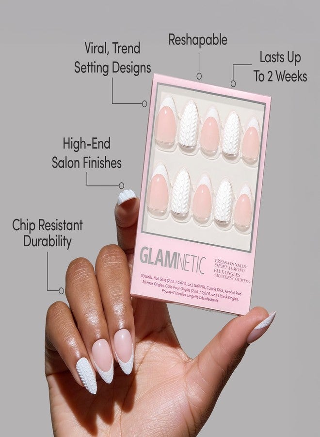 Glamnetic Press On Nails - Sweater Weather | Short Almond Fake Nails with White Glitter French Tips & 3D Designs in a Glossy Finish, Salon Quality Winter Nails | 15 Sizes - 30 Nail Kit with Glue - Image 3
